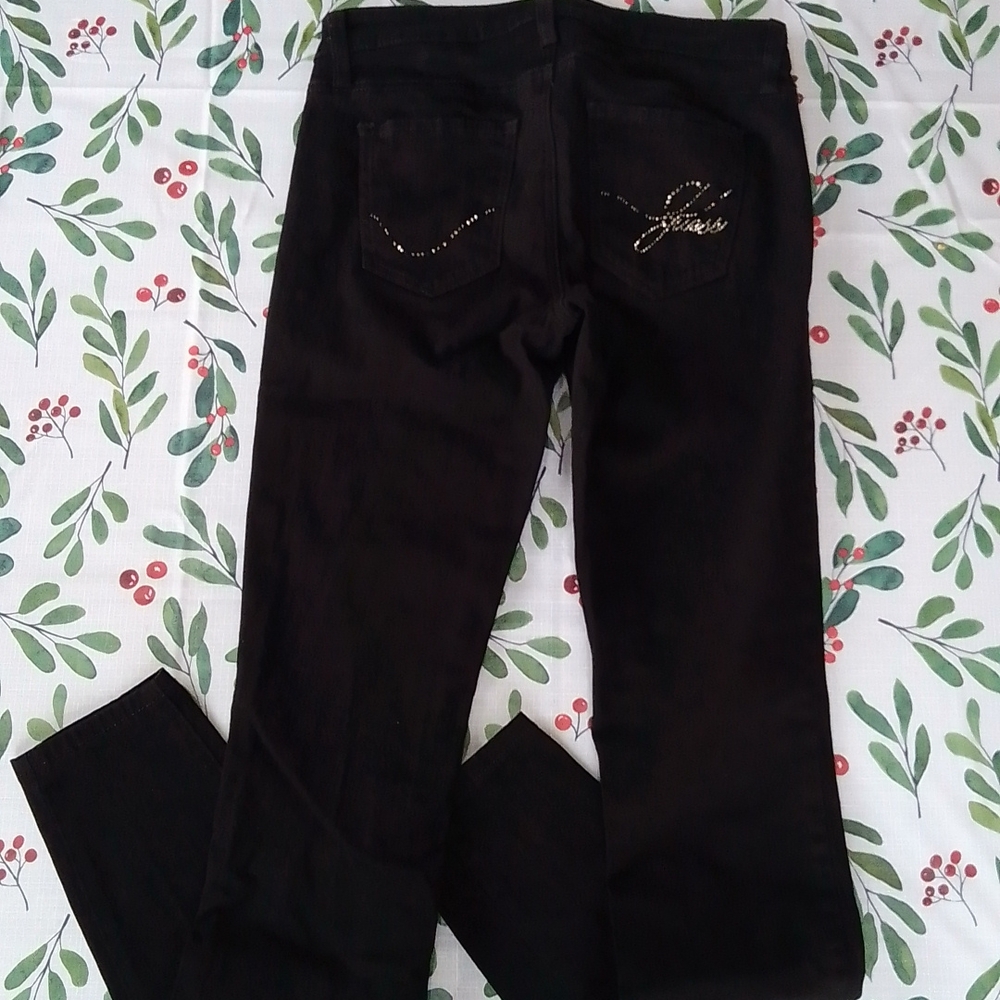 Black Skinny Jeans, Low Rise, Rhinestones on Pockets, Inseam 31 (Size 26)